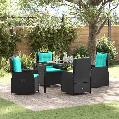 Qnhdfrt Schwarz Poly Rattan Gartenstuhl Set 5-teilig mit Verstellbarer Rückenlehne und Türkisen Kissen für Outdoor Entspannung im Garten oder auf dem Balkon von Qnhdfrt