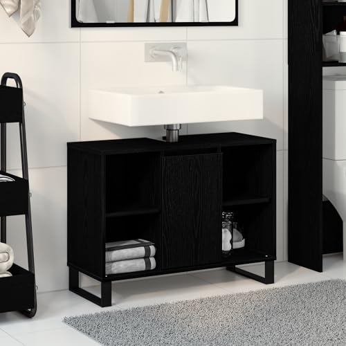 Qnhdfrt Schwarze Eichen Waschtischeinheit Rechteckig MDF Matt Schiebetür mit Regalen Stauraum für Badezimmer Modernes Design von Qnhdfrt