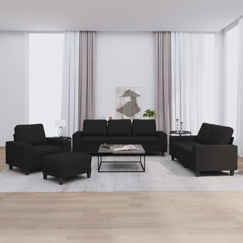 Qnhdfrt Schwarze Stoff Sofagarnitur 4-TLG Set mit Sessel Sofa Couch und Hocker Kompakte Wohnzimmer Sitzgruppe von Qnhdfrt