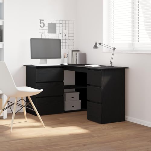 Qnhdfrt Schwarzer Eckschreibtisch aus Holzwerkstoff L-Form 145x100x76 cm mit 4 Schubladen und Regalen für Homeoffice Gaming und Jugendzimmer Robustes Design von Qnhdfrt
