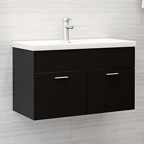 Qnhdfrt Schwarzer Waschbeckenunterschrank mit Einbaubecken 80×38,5×46 cm aus Holzwerkstoff und Keramik Modernes Design mit Push-Open-Ablaufgarnitur und Überlauf für Badezimmer und Gäste WC von Qnhdfrt