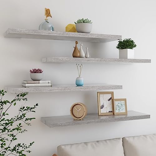 Qnhdfrt Schweberegal 4 Stück Betongrau Wandregal mit Unsichtbarer Montage 90x23,5x3,8 cm MDF Wabenplatten-Design Robust für Bücher Deko in Wohnzimmer Bad Küche von Qnhdfrt
