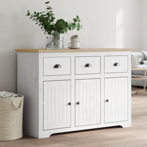 Qnhdfrt Sideboard BODO aus massivem Kiefernholz - Weiß & Braun - 115,5x44x80 cm mit 3 Schubladen & Türen - Stilvolles Sideboard für Wohnzimmer, Küche & Flur im französischen Landhausstil von Qnhdfrt
