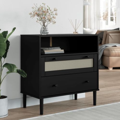 Qnhdfrt Sideboard Beistellschrank SENJA Schwarz 80x40x80 cm Massiv Kiefernholz Rattan-Optik mit 2 Schubladen und Fach Stauraum für Flur Wohnzimmer von Qnhdfrt