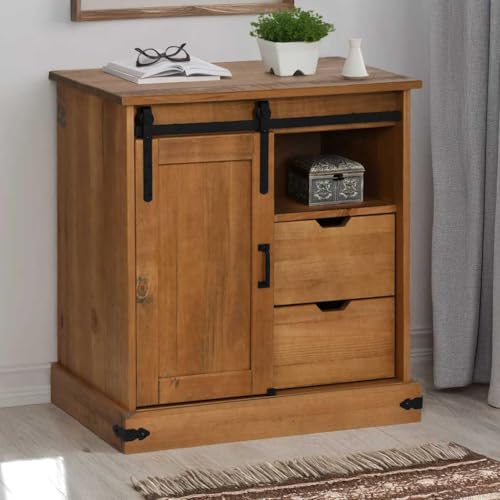 Qnhdfrt Sideboard Halden Massivholz mit Schiebetür und Schubladen 80x40x80 cm Kiefernholz honigbraun für Wohnzimmer Küche Flur Landhausstil von Qnhdfrt