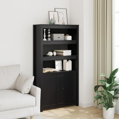 Qnhdfrt Sideboard Schrank Massivholz Kiefer Schwarz 80x35x154 cm Highboard mit 3 offenen Fächern und 2 Türen Landhausstil für Wohnzimmer Küche Flur von Qnhdfrt