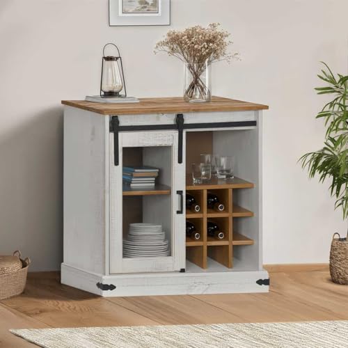 Qnhdfrt Sideboard Schrank Weiß Massivholz Kiefer Schiebetür 80x40x80 cm mit Weinregal für Wohnzimmer Flur Esszimmer von Qnhdfrt