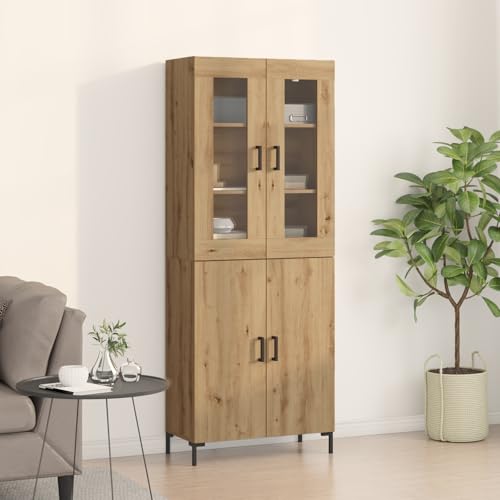 Qnhdfrt Sideboard Schrank aus Massivholz Eiche Landhausstil mit 4 Türen und Glasfronten Stauraum Möbel für Wohnzimmer Esszimmer Flur von Qnhdfrt