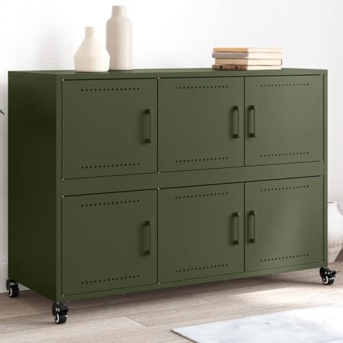 Qnhdfrt Sideboard Schrank aus kaltgewalztem Stahl in Olivgrün 100,5x39x72 cm mit 6 Türen und 4 Rollen Robust Langlebig für Wohnzimmer Küche Flur von Qnhdfrt
