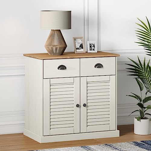 Qnhdfrt Sideboard Schubladenschrank Massivholz Kiefer Weiß 78x40x75 cm Mit Metallgriffen & Jalousie-Design, Stilvolles Aufbewahrungsmöbel für Küche, Wohnzimmer, Flur von Qnhdfrt
