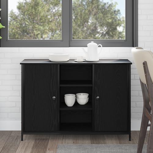 Qnhdfrt Sideboard Schwarz Eiche 100x35x70 cm aus Holzwerkstoff und Stahl mit Matte Oberfläche Breit Modernes Design Viel Stauraum für Esszimmer Wohnzimmer Buffetschrank von Qnhdfrt