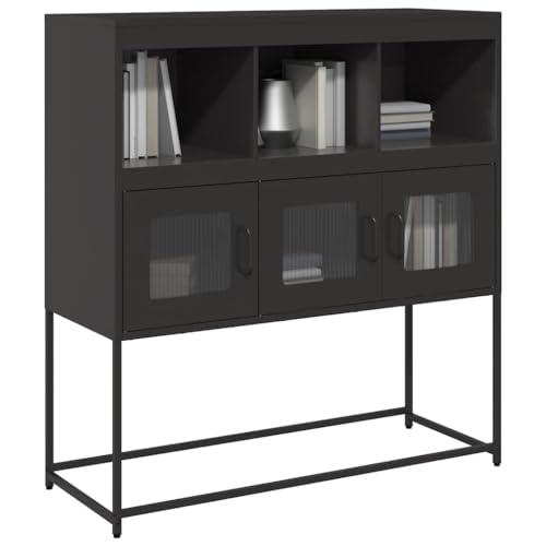 Qnhdfrt Sideboard Schwarz Kaltgewalzter Stahl 100,5x39x107 cm mit Griffen und Metallfüßen für Küche Wohnzimmer Flur Büro Aufbewahrung von Qnhdfrt