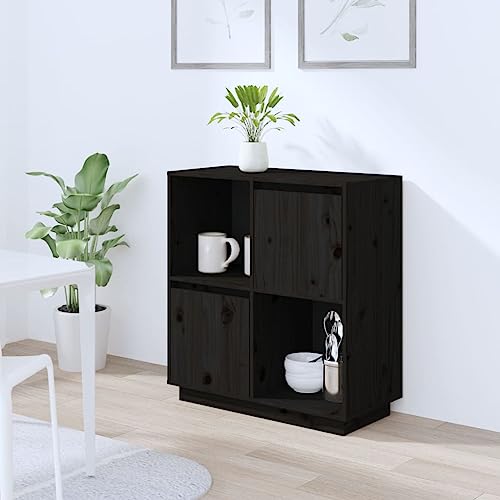 Qnhdfrt Sideboard Schwarz Massivholz Kiefer 74x35x80 cm Beistellschrank mit 2 Türen und 2 offenen Fächern Stauraum für Wohnzimmer Flur Küche Landhausstil von Qnhdfrt