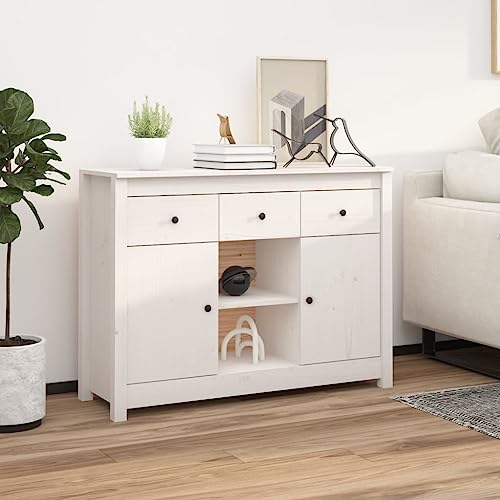 Qnhdfrt Sideboard Weiß Massivholz Kiefer 100x35x74,5 cm Breit mit 3 Schubladen 6 Fächern Tür Für Wohnzimmer Küche Flur Elegante Aufbewahrung Landhausstil von Qnhdfrt