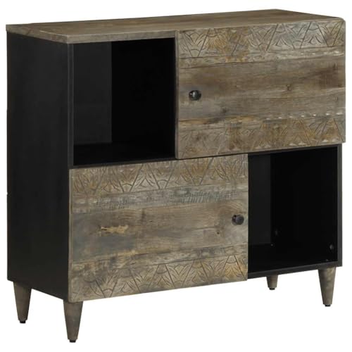 Qnhdfrt Sideboard aus Massivholz Mango Schwarz 80x33x75 cm Robuster Aufbewahrungsschrank mit 4 Fächern und Handgeschnitztem Muster für Wohnzimmer Küche Flur von Qnhdfrt