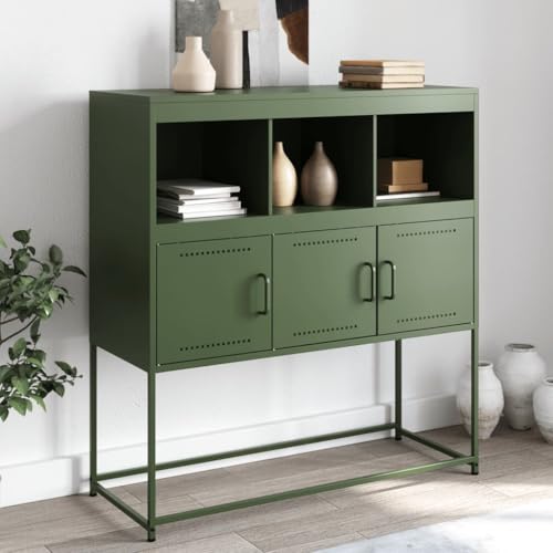 Qnhdfrt Sideboard aus Stahl Olivgrün 100,5x39x107 cm mit 3 Türen und 3 Fächern Elegant Robust für Wohnzimmer Küche Flur von Qnhdfrt