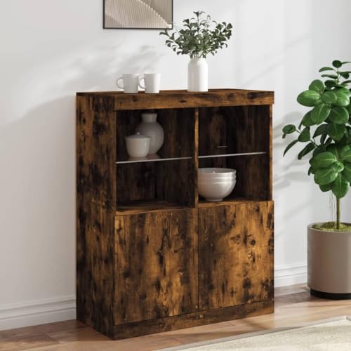 Qnhdfrt Sideboard mit RGB LED-Beleuchtung Räuchereiche 81x37x100 cm Modernes Design Holzwerkstoff & Glas Stauraum Wohnzimmer Küche Flur von Qnhdfrt