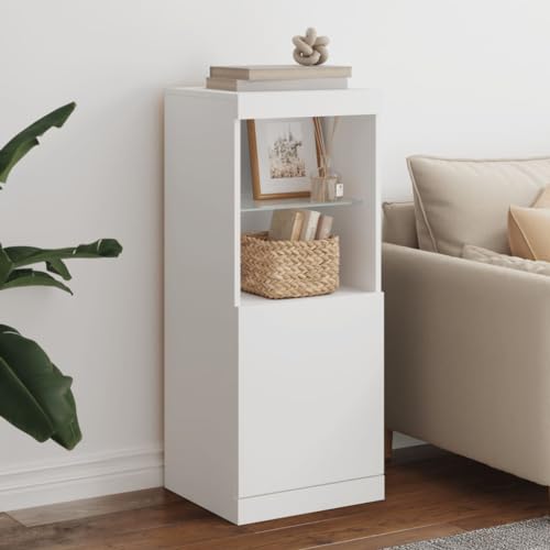 Qnhdfrt Sideboard mit RGB LED Beleuchtung Weiß Modernes Design Holzwerkstoff und Glas 41x37x100 cm Schrank für Wohnzimmer Küche Flur mit viel Stauraum und Dekorationsfunktion von Qnhdfrt