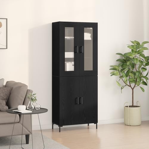 Qnhdfrt Sideboard mit Wandschrank Schwarz Eiche Massivholz Modern für Esszimmer und Wohnzimmer Rechteckig mit 4 Türen Sicherheitsglas Stilvolle Aufbewahrung von Qnhdfrt
