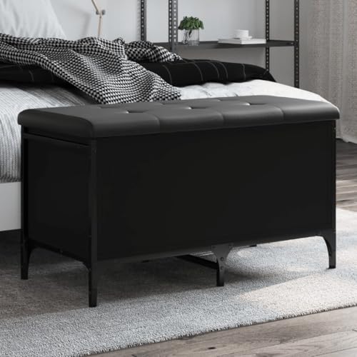 Qnhdfrt Sitzbank mit Stauraum Schwarz 82x42x45 cm Robuste Flur Bank aus Holzwerkstoff und Metall mit gepolstertem Kunstleder Kissen Praktische Aufbewahrung für Flur Schlafzimmer oder Esszimmer von Qnhdfrt