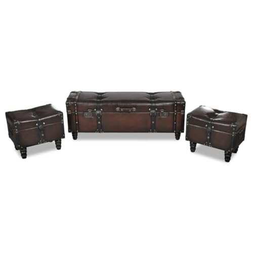 Qnhdfrt Sitztruhen-Set 3-teilig mit Massivholzrahmen und Kunstleder Polsterung 112 cm Sitzbank mit 2 Hockern Braun Stauraum für Flur Schlafzimmer Esszimmer von Qnhdfrt