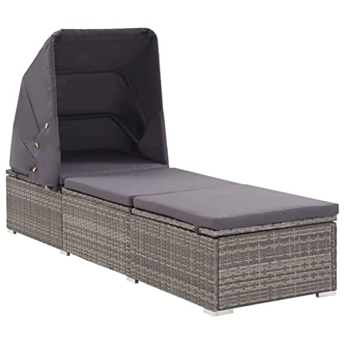 Qnhdfrt Sonnenliege aus Poly Rattan mit klappbarem Sonnenschutz und gepolsterter Auflage Grau - Wetterfeste Gartenliege für Balkon Terrasse und Pool von Qnhdfrt