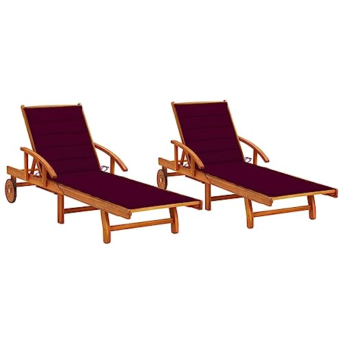 Qnhdfrt Sonnenliegen-Set aus massivem Akazienholz mit weinroten Polstern, klappbar und verstellbar für Garten, Terrasse und Poolbereich von Qnhdfrt