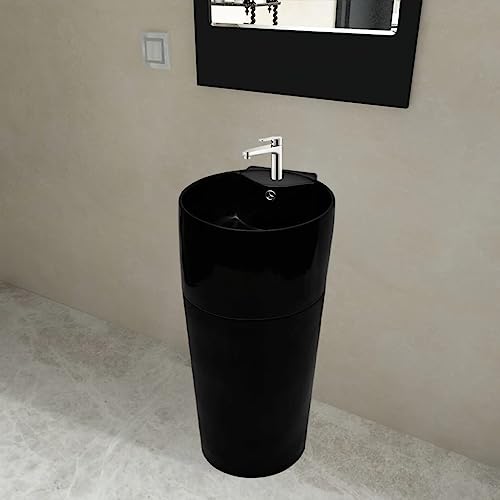 Qnhdfrt Standwaschbecken aus Keramik Schwarz 400 x 415 x 860 mm Modernes Design mit Überlauf und Hahnloch für Bad Gäste WC und Camping von Qnhdfrt