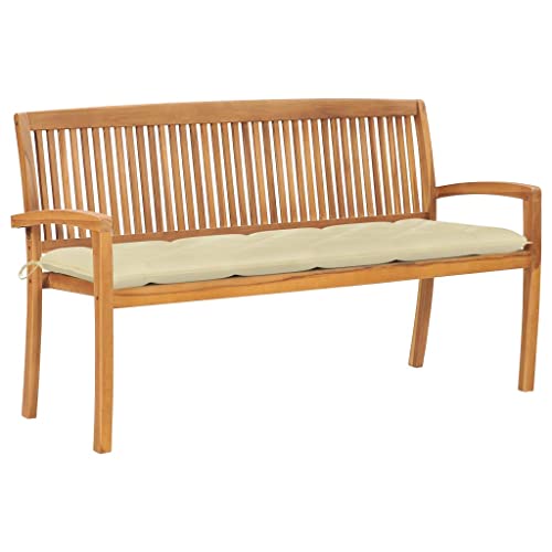 Qnhdfrt Stapelbare Gartenbank aus Massivholz Teak mit Cremeweißer Auflage 159 cm Robust Langlebig für Outdoor Balkon Garten Terrasse und Camping von Qnhdfrt