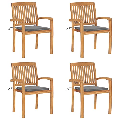 Qnhdfrt Stapelbare Gartenstühle mit Grauen Kissen 4er Set aus Massivholz Teak Robust und Wetterbeständig für Garten Terrasse Balkon von Qnhdfrt