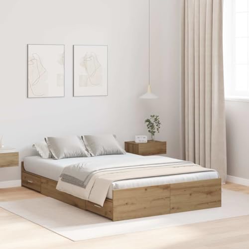 Qnhdfrt Stauraumbett Eiche handwerklich 120 x 200 cm Modernes Bettgestell mit Schubladen Robuste Melamin Konstruktion für Schlafzimmer von Qnhdfrt