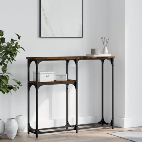 Qnhdfrt Stilvoller Konsolentisch in Räuchereiche aus Holzwerkstoff und Metall 90x22.5x75cm mit Verstellbaren Beinen Großer Stauraum für Flur Wohnzimmer Eingangsbereich von Qnhdfrt