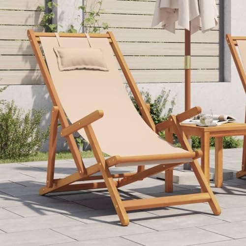 Qnhdfrt Strandstuhl Klappbar Beige Massivholz Eukalyptus mit Kissen, 3-Fach Verstellbar, Faltbarer Gartenstuhl für Balkon Terrasse Camping und Strand von Qnhdfrt
