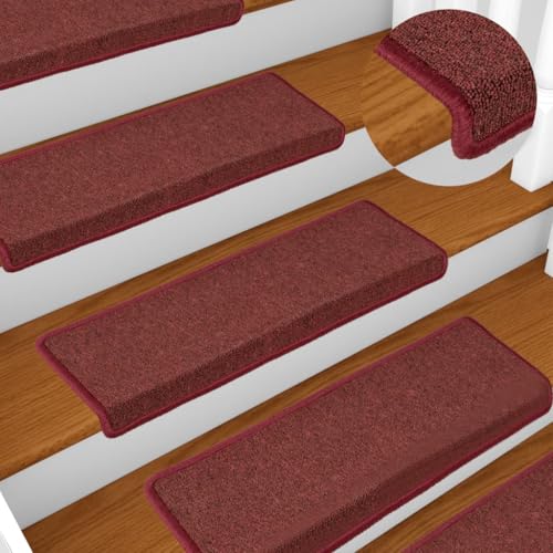 Qnhdfrt Stufenmatten 15 Stück 65x21 cm Bordeaux mit Antirutsch Klebeband, moderner Treppenstufen Teppich aus 100% Polypropylen, dämpfend und warm für Wohnzimmer Flur und Schlafzimmer von Qnhdfrt