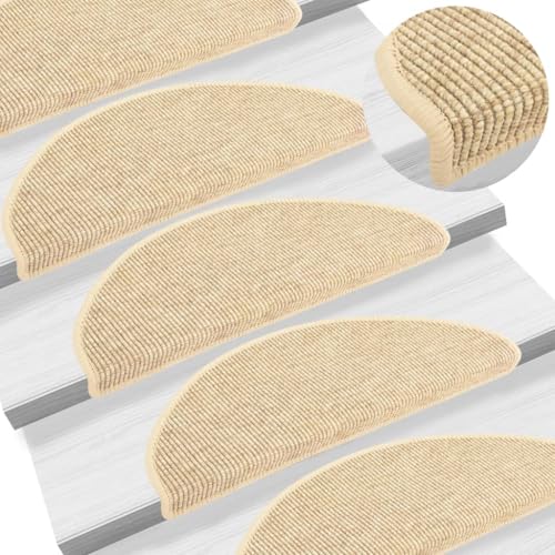 Qnhdfrt Stufenmatten 15er Set 65x21 cm Hellbeige Halbrund Anti-Rutsch Treppenbelag aus Sisal-Optik Selbstklebend Robust Modern für Wohnzimmer Flur und Treppenhaus von Qnhdfrt