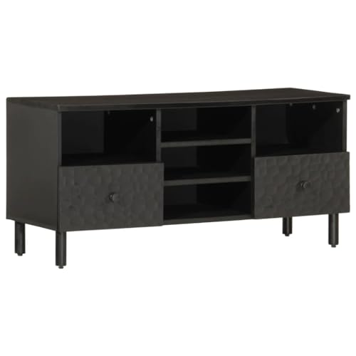 Qnhdfrt TV Lowboard Massivholz Mango Schwarz 100 cm Breit Starker Stauraum TV Schrank mit Eisenbeinen für Wohnzimmer Möbel von Qnhdfrt