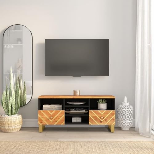Qnhdfrt TV Schrank Braun Schwarz 100x33,5x46 cm Massivholz Mango Lowboard Fernsehschrank mit Stauraum und Eisenbeinen für Wohnzimmer von Qnhdfrt