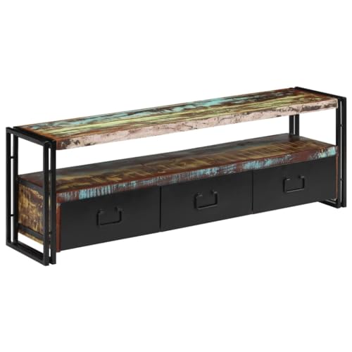 Qnhdfrt TV-Schrank Fernsehschrank Sideboard aus Massivem Altholz mit Industriellem Design und Stahlbeinen 120x30x40 cm für Wohnzimmer mit 3 Schubladen und Ablage von Qnhdfrt