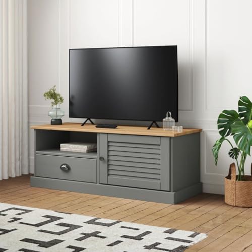 Qnhdfrt TV Schrank Grau Massivholz Kiefer 106x40x49 cm mit Schublade Jalousie-Design Stauraum Lowboard für Wohnzimmer Schlafzimmer Robustes Möbel Qnhdfrt TV Schrank Grau Massivholz Kiefer 106x40x49 cm mit Schublade Jalousie-Design Stauraum Lowboard für Wohnzimmer Schlafzimmer Robustes Möbel von Qnhdfrt
