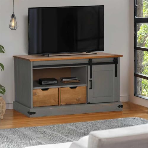 Qnhdfrt TV-Schrank Halden mit Schiebetür Grau Massivholz Kiefer 110x40x60 cm Sideboard Lowboard für Wohnzimmer von Qnhdfrt