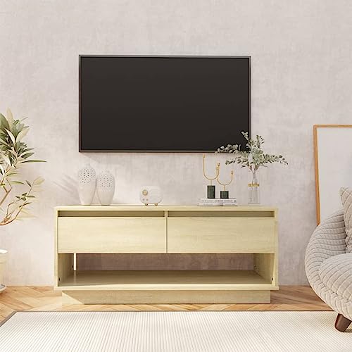 Qnhdfrt TV-Schrank Lowboard Sonoma-Eiche aus Holzwerkstoff 102x41x44 cm mit 2 Schubladen offenem Fach stabil und langlebig für Wohnzimmer von Qnhdfrt