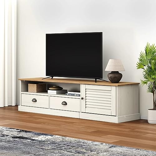 Qnhdfrt TV-Schrank Lowboard VIGO Weiß 156x40x40 cm Massivholz Kiefer mit Stauraum Metallgriffen für Wohnzimmer Schlafzimmer von Qnhdfrt