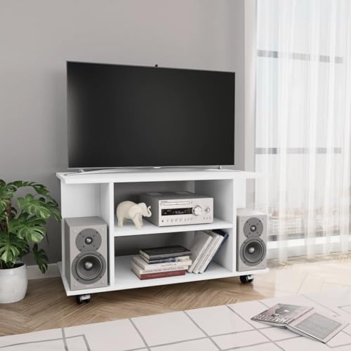Qnhdfrt TV-Schrank Lowboard Weiß Holzwerkstoff 80x40x45 cm mit 4 offenen Regalen und Rollen für Wohnzimmer Fernseher Ständer von Qnhdfrt