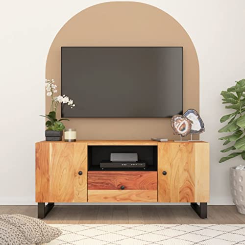 Qnhdfrt TV Schrank Lowboard aus Massivholz Akazie und Holzwerkstoff 105x33,5x46 cm mit Schublade offenem Regal und Fächern Eisenbeine für Wohnzimmer Stabil und Langlebig von Qnhdfrt