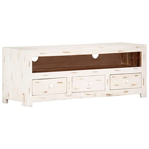 Qnhdfrt TV Schrank Massivholz Akazie Weiß Lowboard Modernes Design 110x30x40 cm mit Schubladen für Wohnzimmer von Qnhdfrt