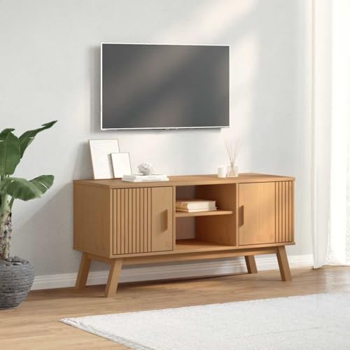 Qnhdfrt TV-Schrank Olden Braun 114x43x57 cm Massivholz Kiefer mit 2 Türen und offenen Fächern, Skandinavisches Design TV Board Fernsehschrank für Wohnzimmer von Qnhdfrt