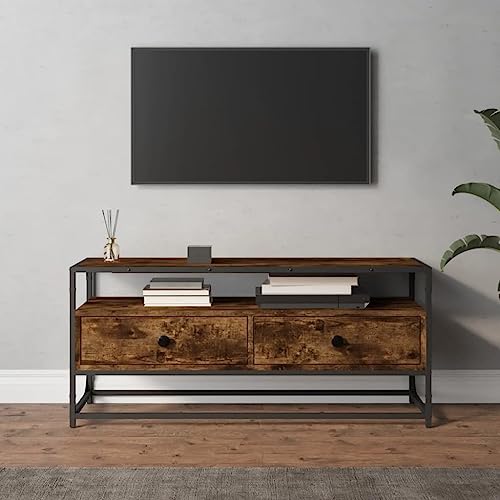 Qnhdfrt TV-Schrank Räuchereiche 100x35x45 cm Holzwerkstoff mit 2 Schubladen Metallfüßen für Wohnzimmer Fernseher Lowboard Sideboard von Qnhdfrt