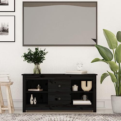 Qnhdfrt TV Schrank Schwarz Massivholz Kiefer 103x36,5x52 cm mit Schubladen und offenen Fächern für Wohnzimmer TV Board Lowboard von Qnhdfrt
