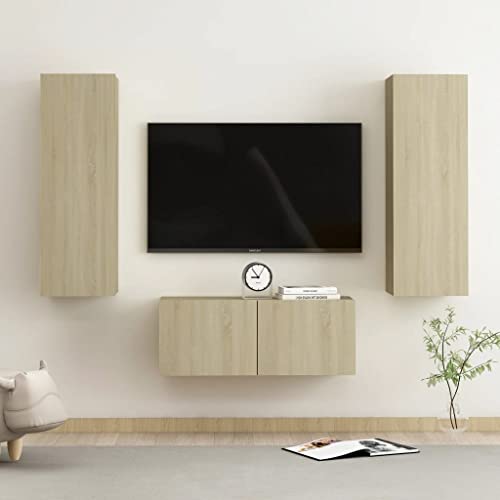 Qnhdfrt TV-Schrank Set Sonoma-Eiche aus Holzwerkstoff für Wohnzimmer - Robustes 3-teiliges Set mit Wandmontage und viel Stauraum, Maße 80x30x30cm & 30.5x30x90cm von Qnhdfrt