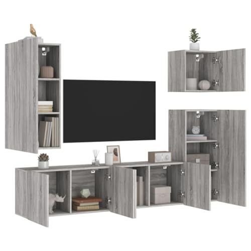 Qnhdfrt TV Schrank Wandmontage Grau Sonoma Holzwerkstoff 5-TLG. Wohnwand mit viel Stauraum für Wohnzimmer von Qnhdfrt